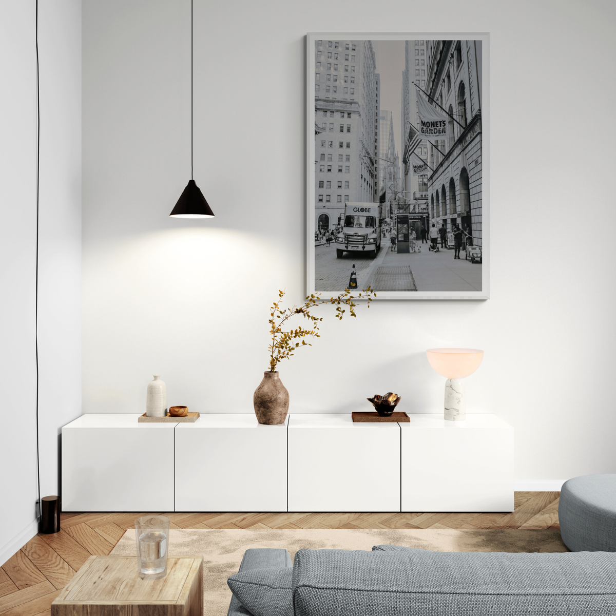 Metropolitan Monotone New York NYC Black & White wall art framed print styled in a room view 2