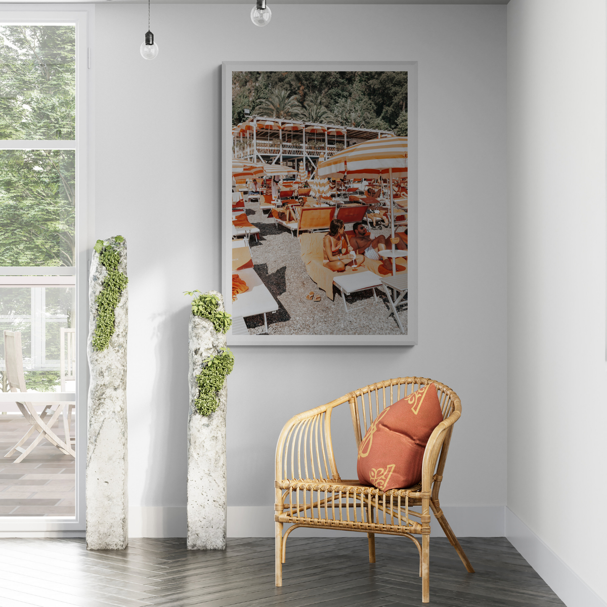 Lounging In Lido Positano wall art framed print styled in a room view 2