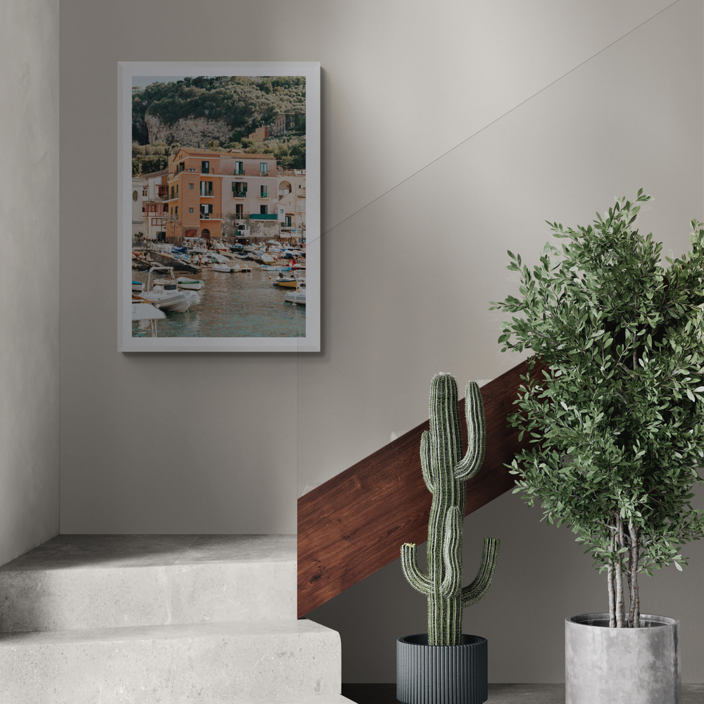 Boatyard Bliss Sorrento coastal Italian wall art framed print styled in a room view 2