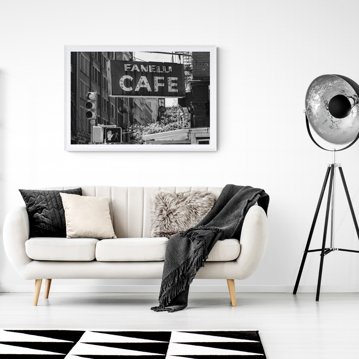 Soho Neon New York NYC Black & White wall art framed print styled in a room view 2