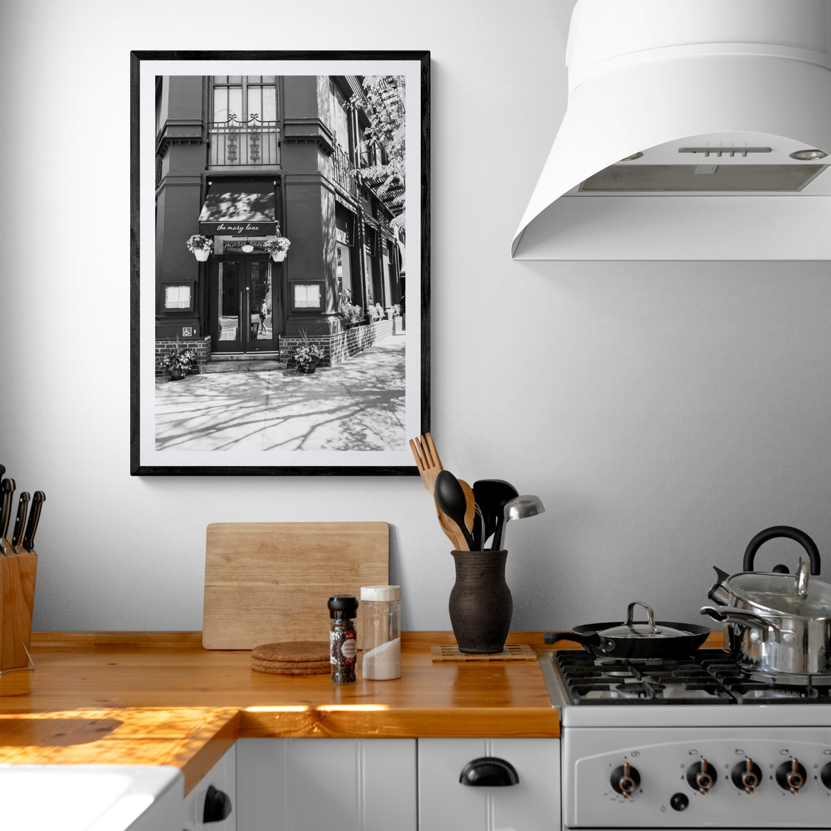 Mary's Corner New York NYC Black & White wall art framed print styled in a room view 3