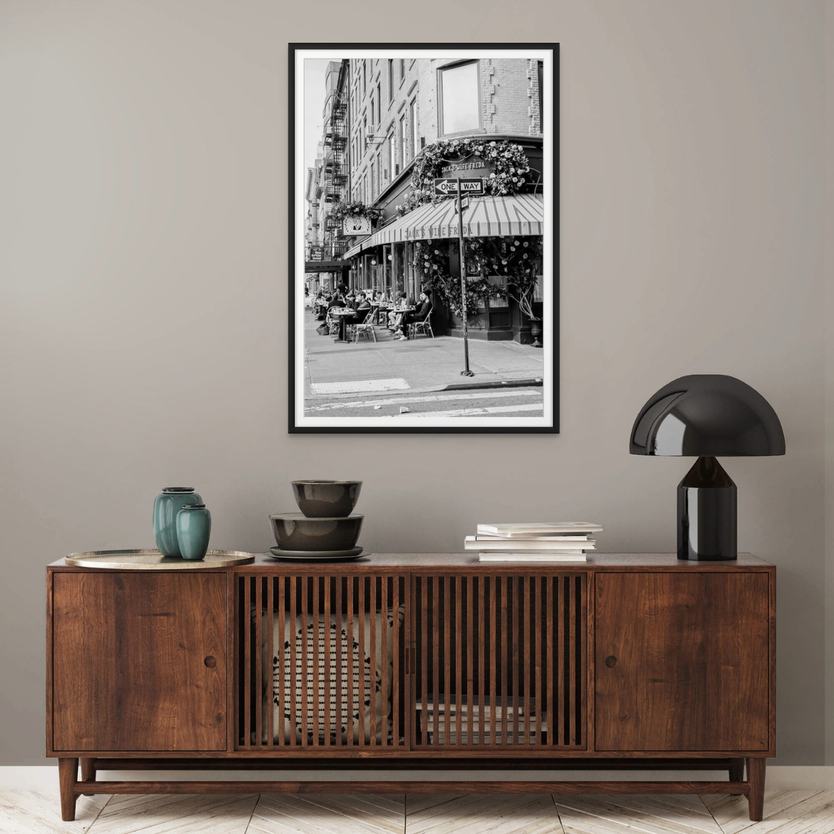 Freda's Feast New York NYC Black & White wall art framed print styled in a room view 3