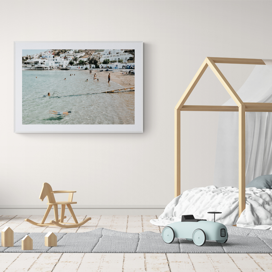 Bathe Yourself In Beauty Mykonos Greek island wall art framed print styled in a room view 2