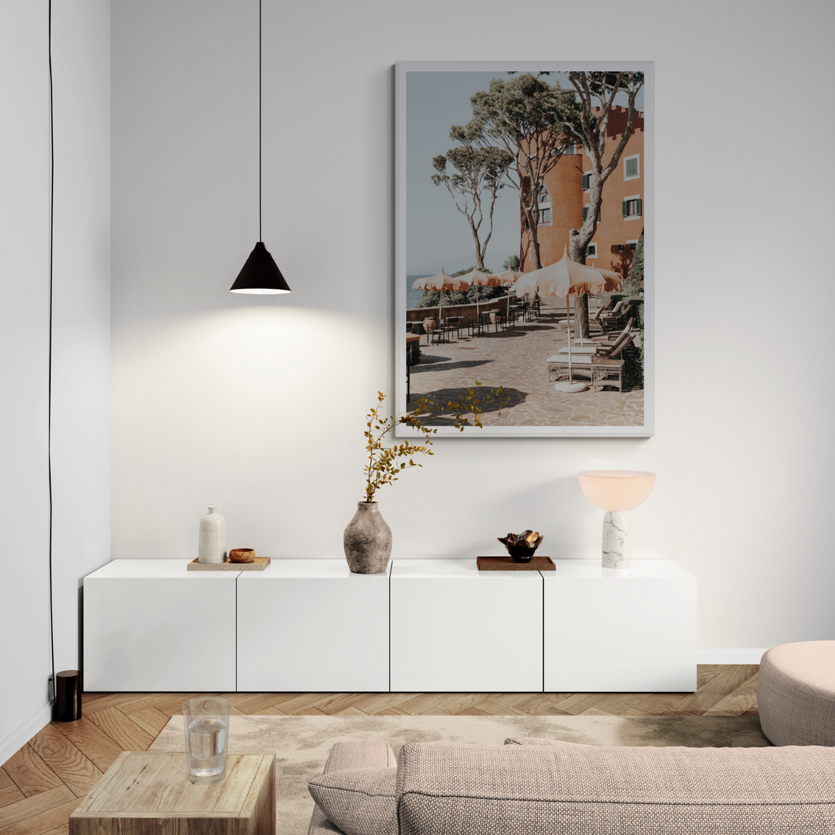 Mezzatorre Ischia Italian Mediterranean decor wall art framed print styled in a room view 3