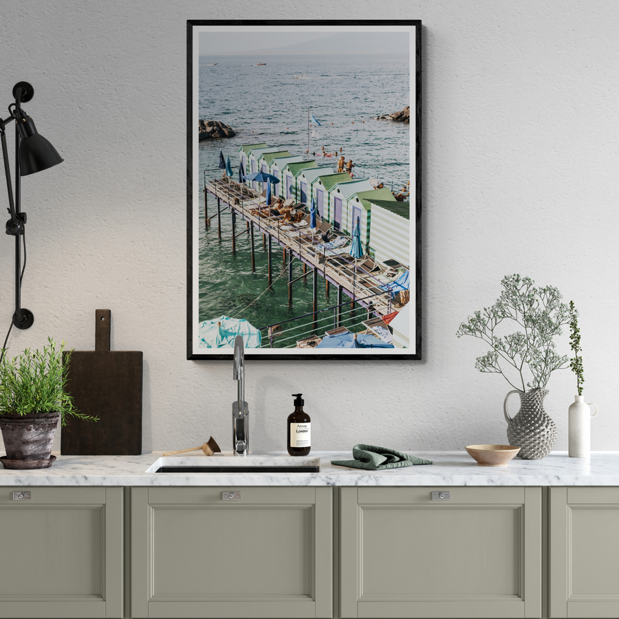 Cabine da Spiaggia Sorrento Italian beach wall art framed print styled in a room