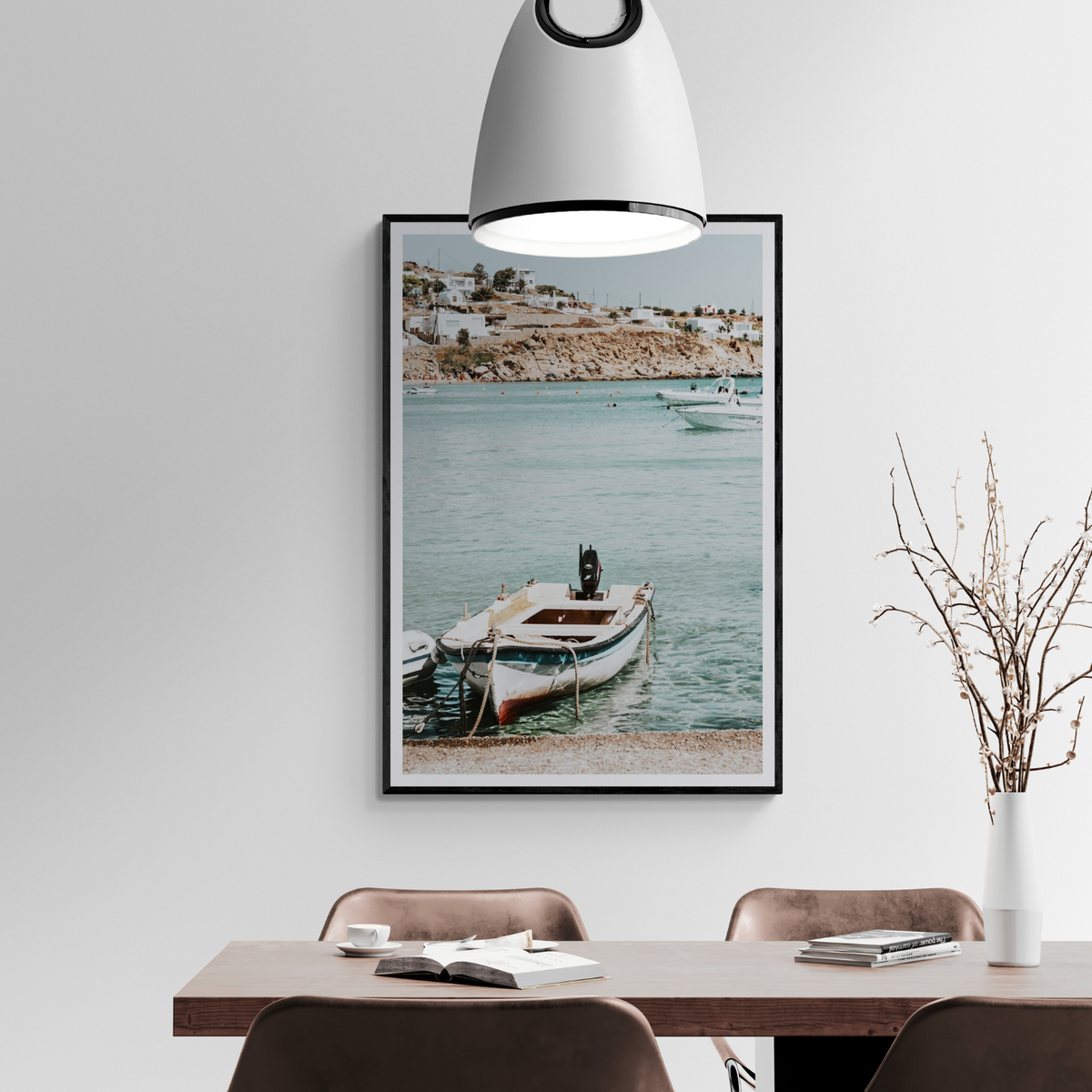 Classic Wheels Mykonos Greek island wall art framed print styled in a room view 2