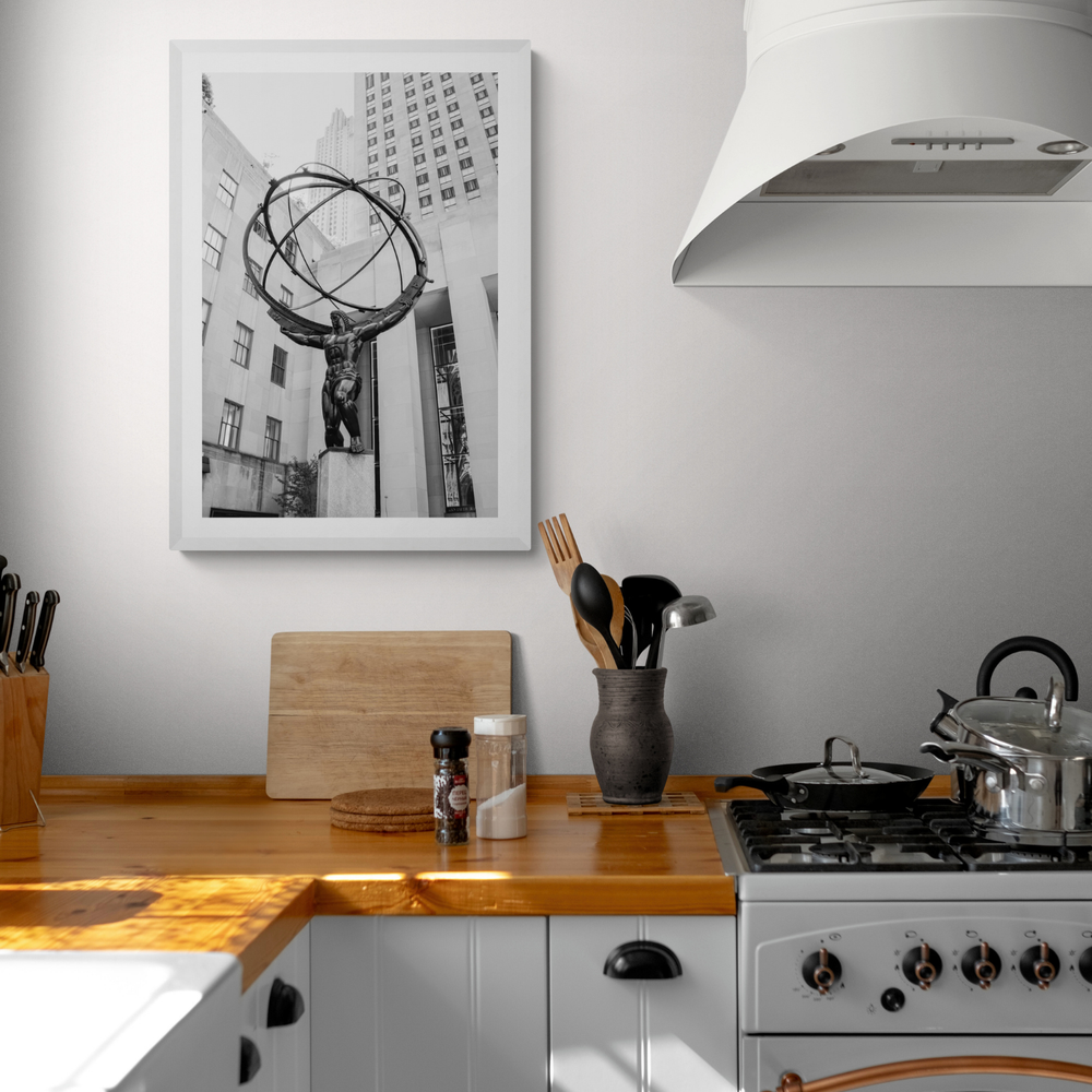 Atlas Ascends New York NYC Black & White wall art framed print styled in a room view 2