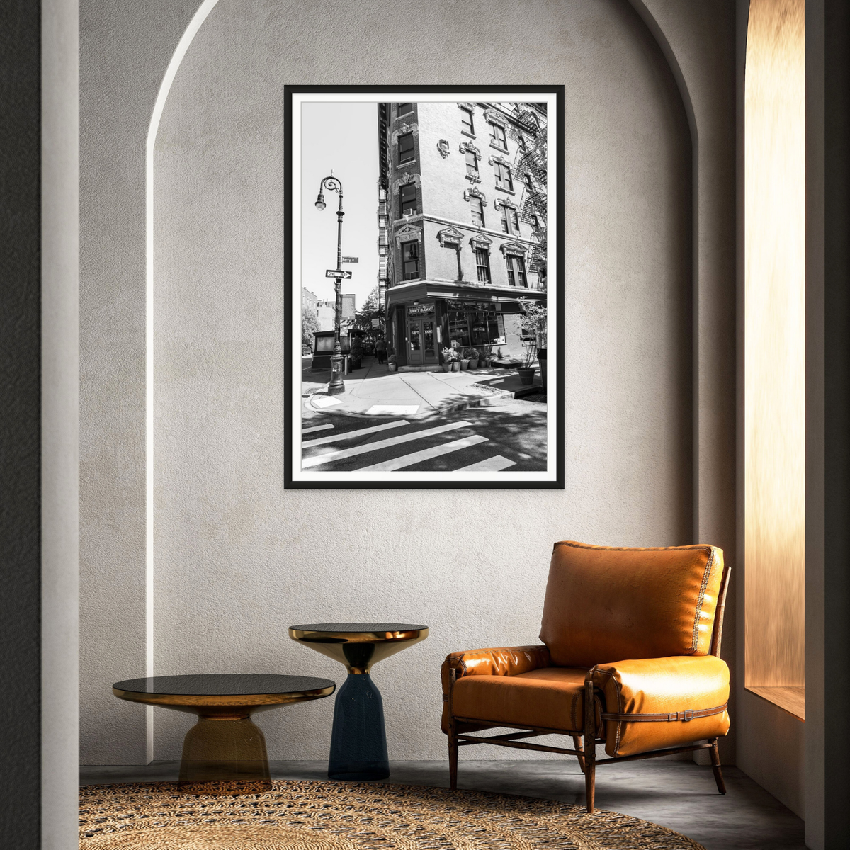 Parisian On Perry New York NYC Black & White wall art framed print styled in a room view 2