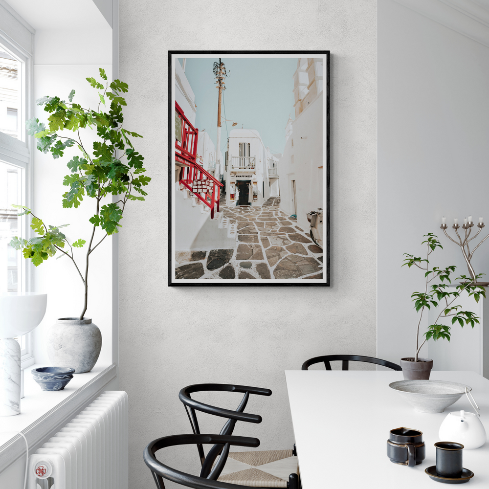 Happiness Mykonos Greek island wall art framed print styled in a room view 2