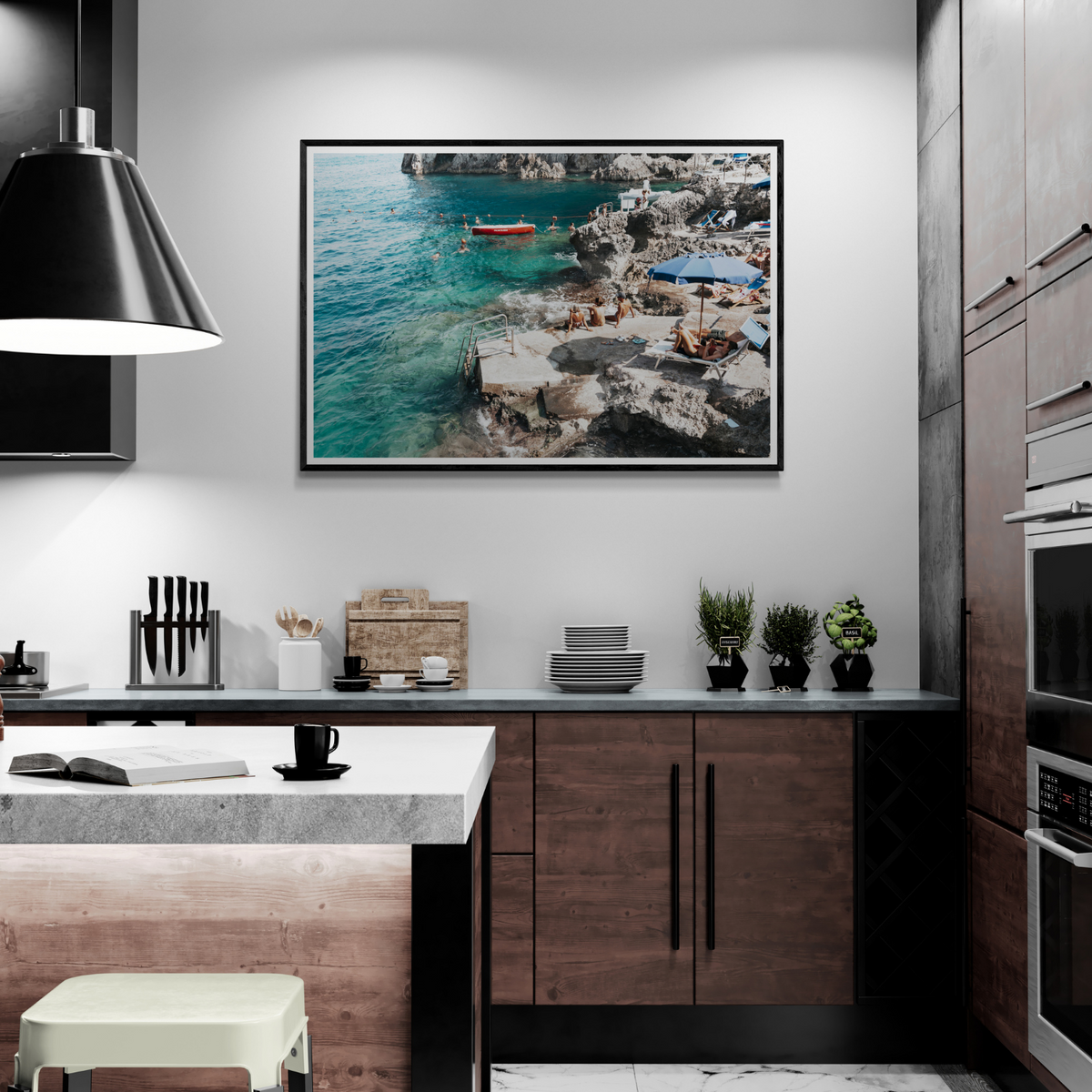 Serenity By The Sea Capri Mediterranean wall art framed print styled in a room view 2