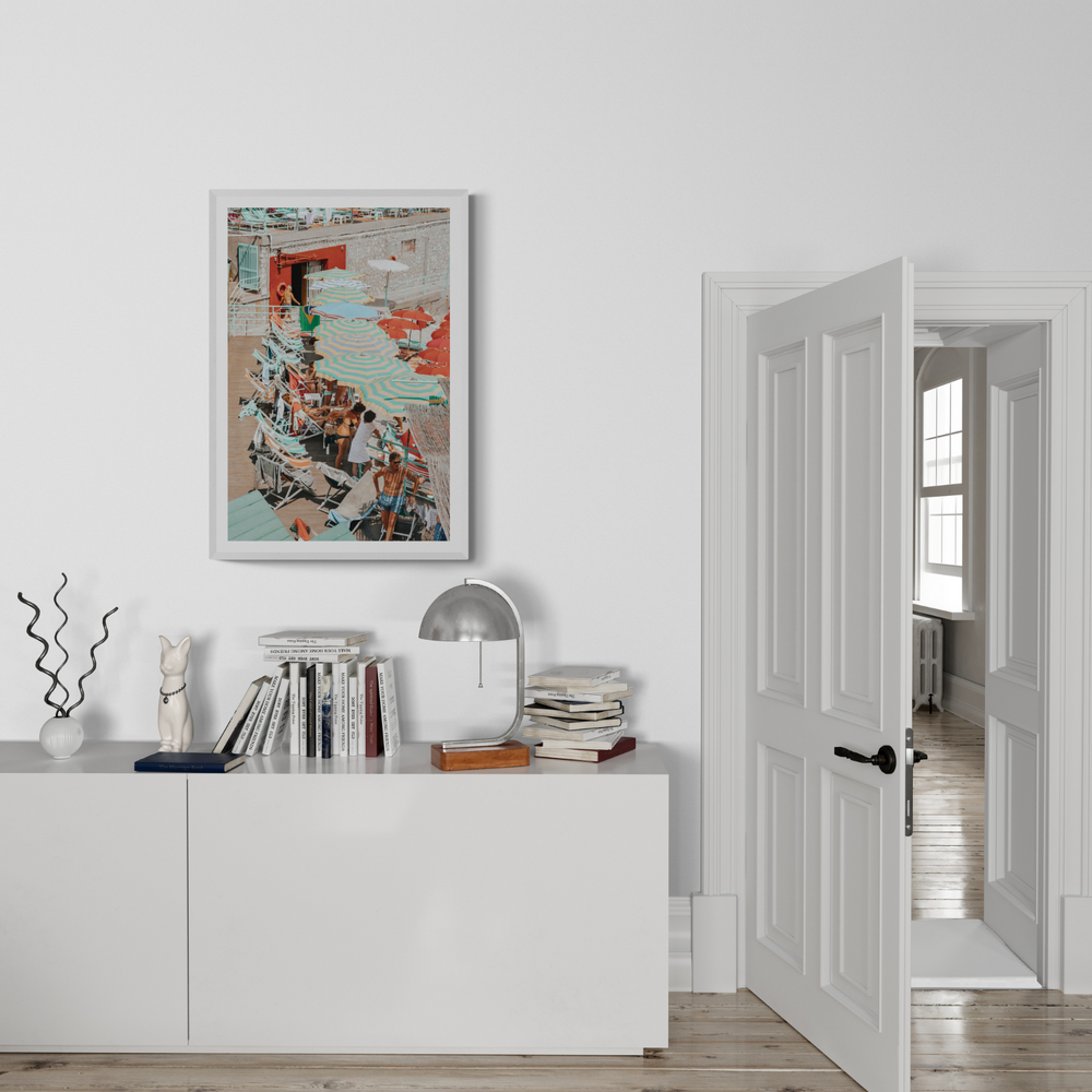Colourful Canopy Capri Italian beach wall art framed print styled in a room view 3