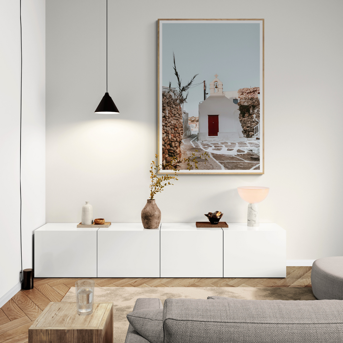 Little Chapel Mykonos fine art photography print styled in a bright white living room