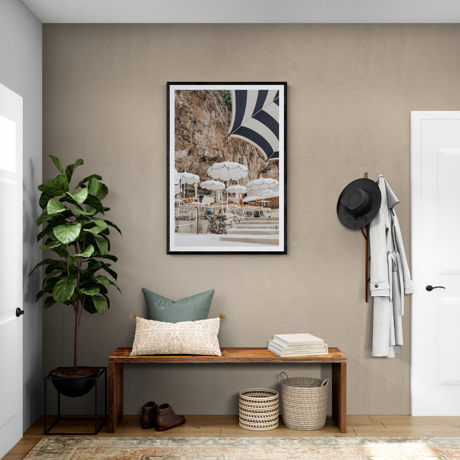Rocky Refuge Positano wall art framed print styled in a room