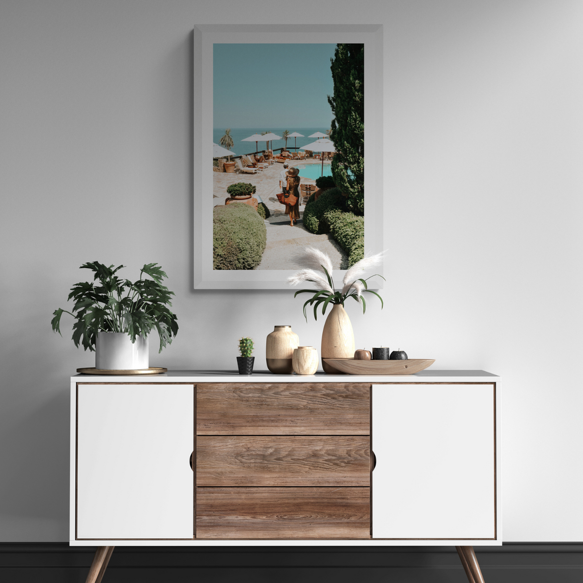 The World Is Your Catwalk Tuscany coastal wall art framed print styled in a room view 3