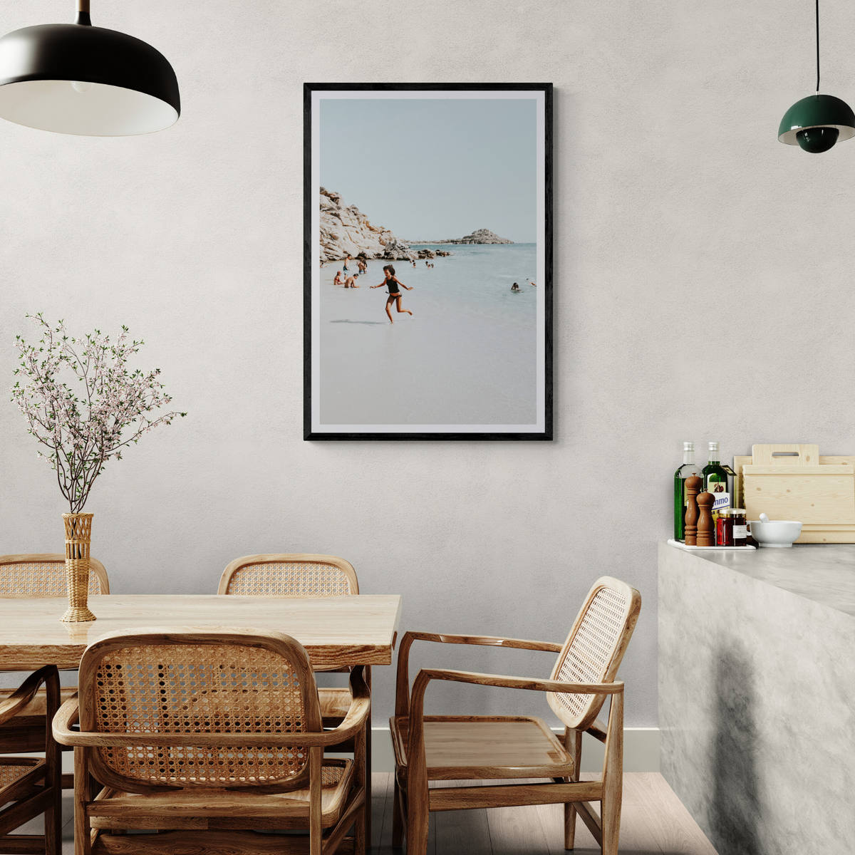 Skipping Angel Mykonos Greek island decor wall art framed print styled in a room view 3