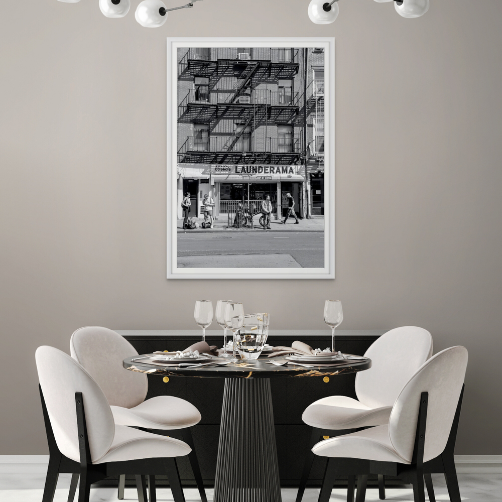 Bus Stop New York NYC Black & White wall art framed print styled in a room view 2