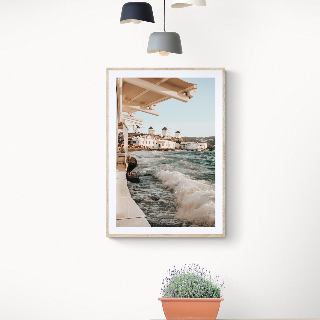 Windmills Mykonos Greek island wall art framed print styled in a room view 2