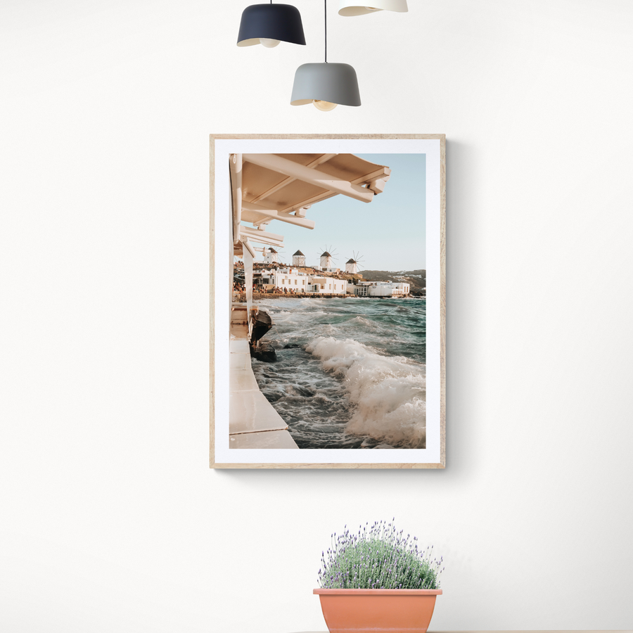 Windmills Mykonos Greek island wall art framed print styled in a room view 2