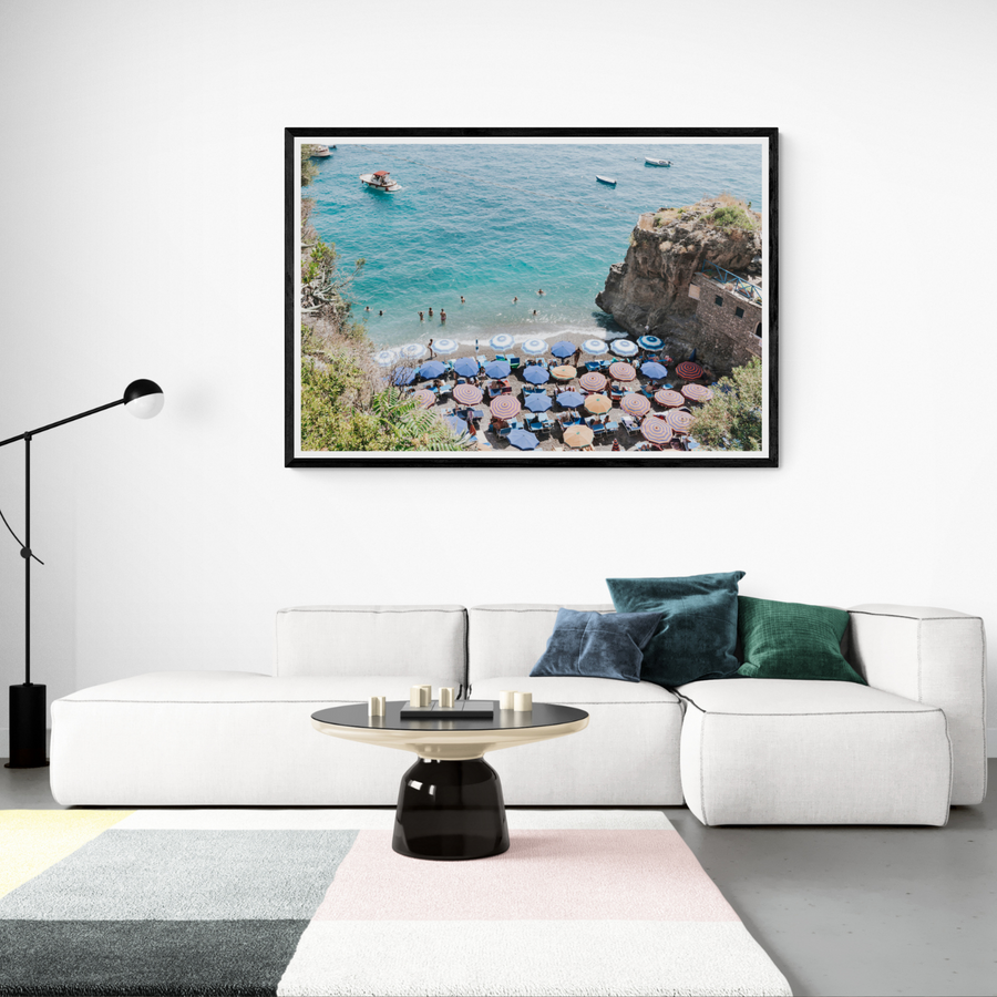 The Cove Positano coastal wall art framed print styled in a room view 2