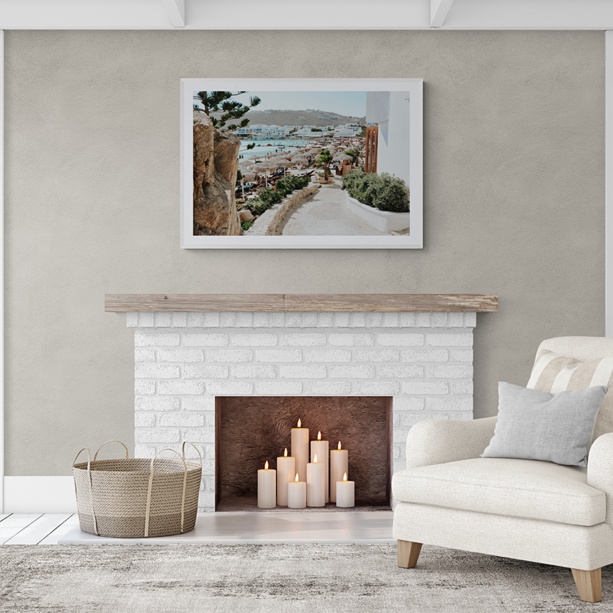 Kalimera Mykonos Greek island wall art framed print styled in a room view 2
