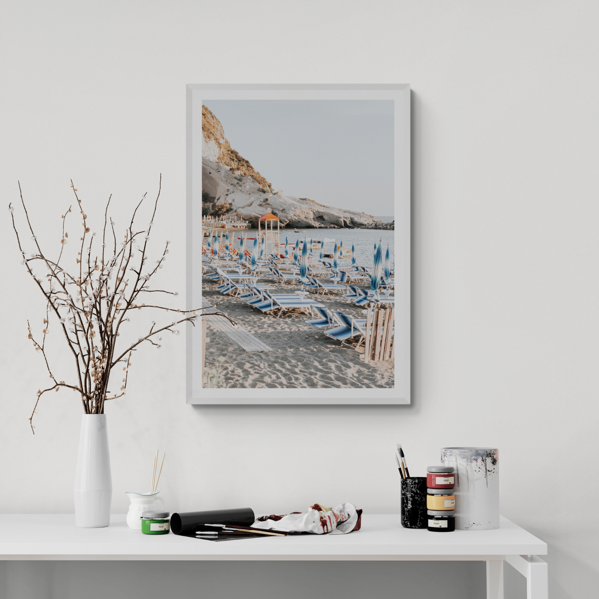The Golden Hour Ischia Italian coastal wall art framed print styled in a room