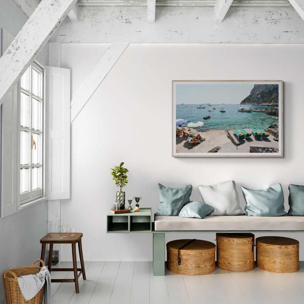 Save Me A Seat Capri Mediterranean wall art framed print styled in a room view 3