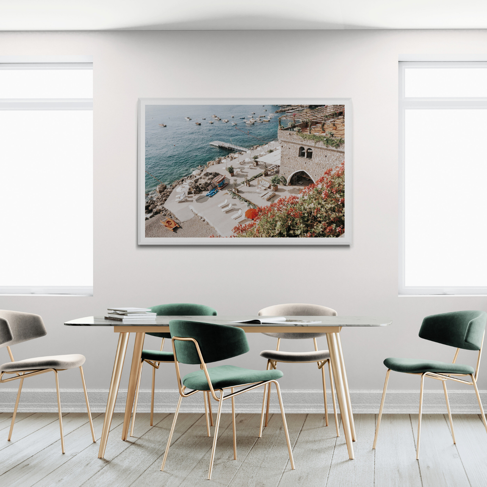 Floral Fortress Amalfi Coast Mediterranean wall art framed print styled in a room view 2