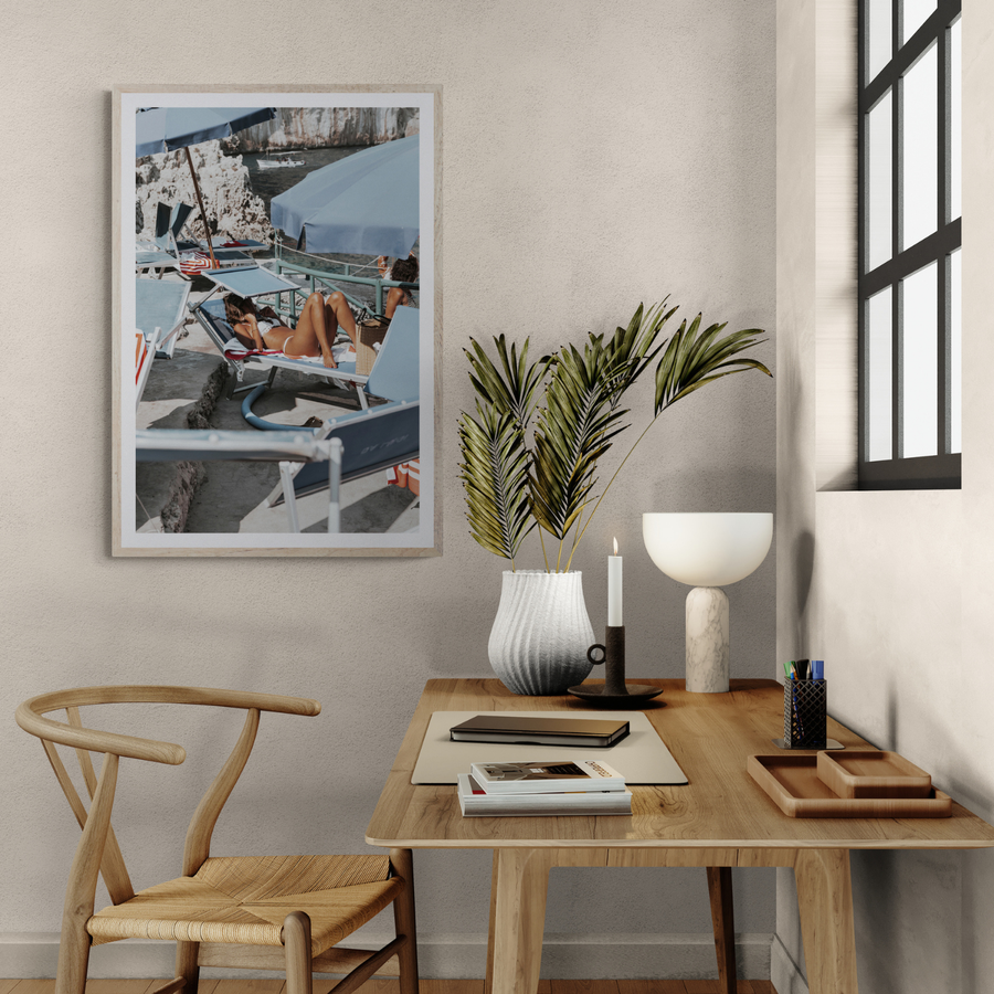 Beach Babe Capri beach Mediterranean wall art framed print styled in a room view 2