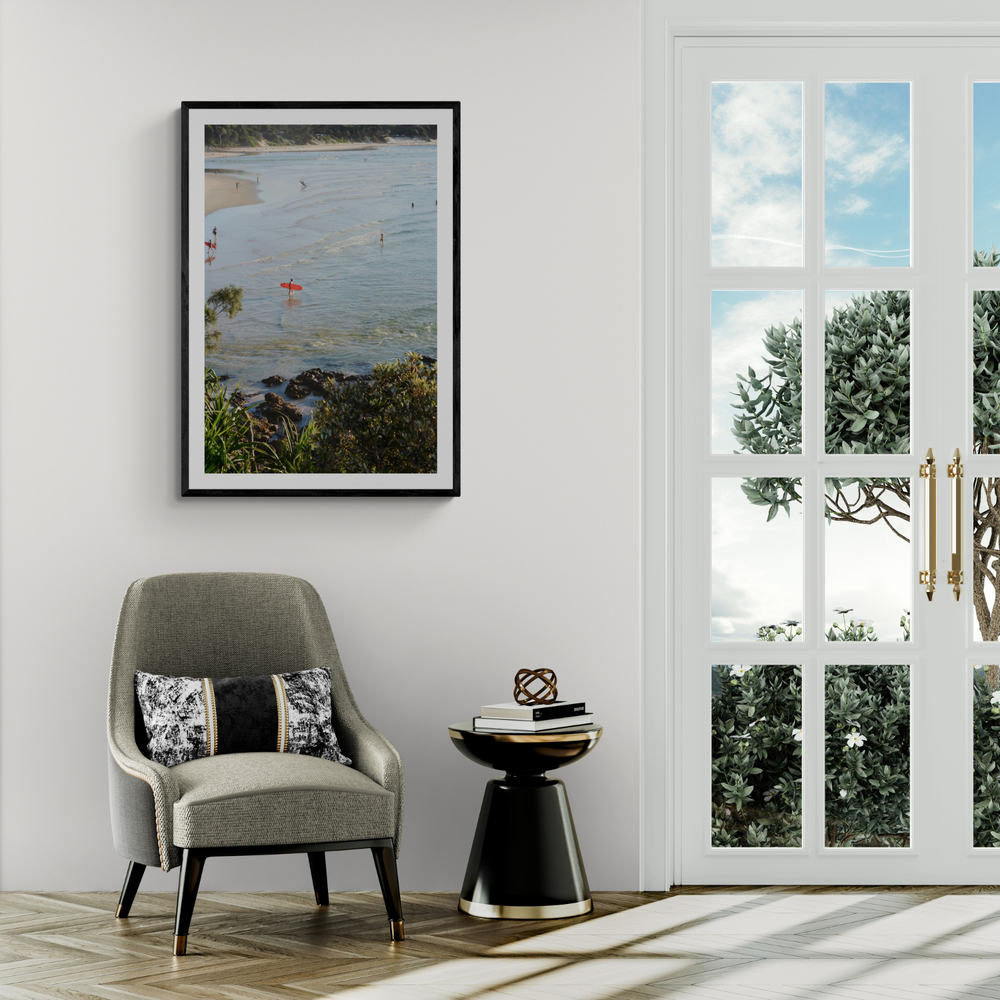 Seclusion Byron Bay Surf coastal wall art framed print styled in a room view 3