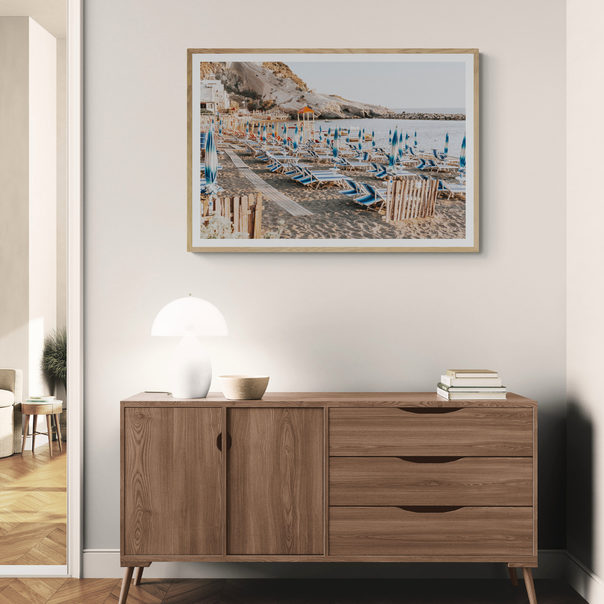 Sandy Daydreams Ischia beach coastal wall art framed print styled in a room view 3