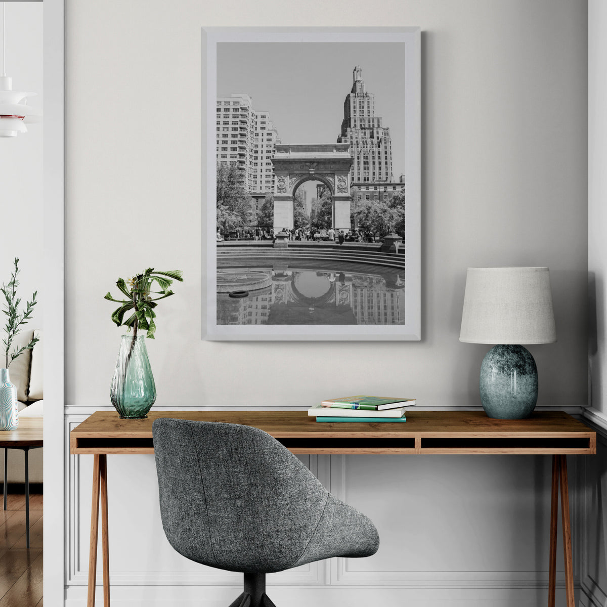 Washington Skyline framed wall art print styled in a home office interior