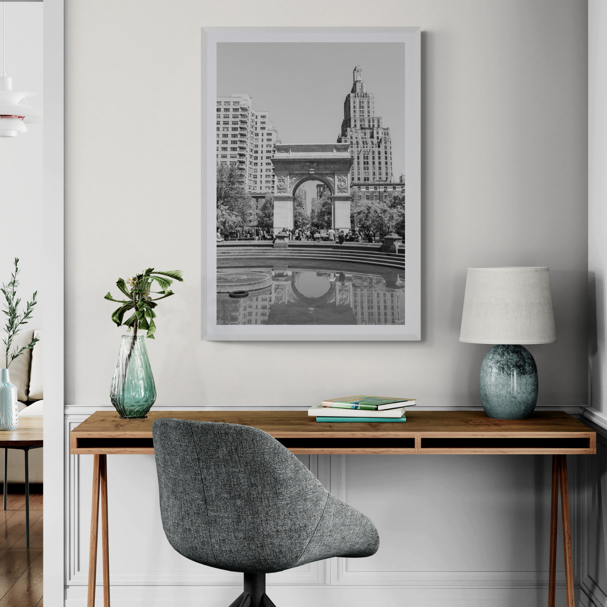 Washington Skyline New York NYC Black & White wall art framed print styled in a room view 2