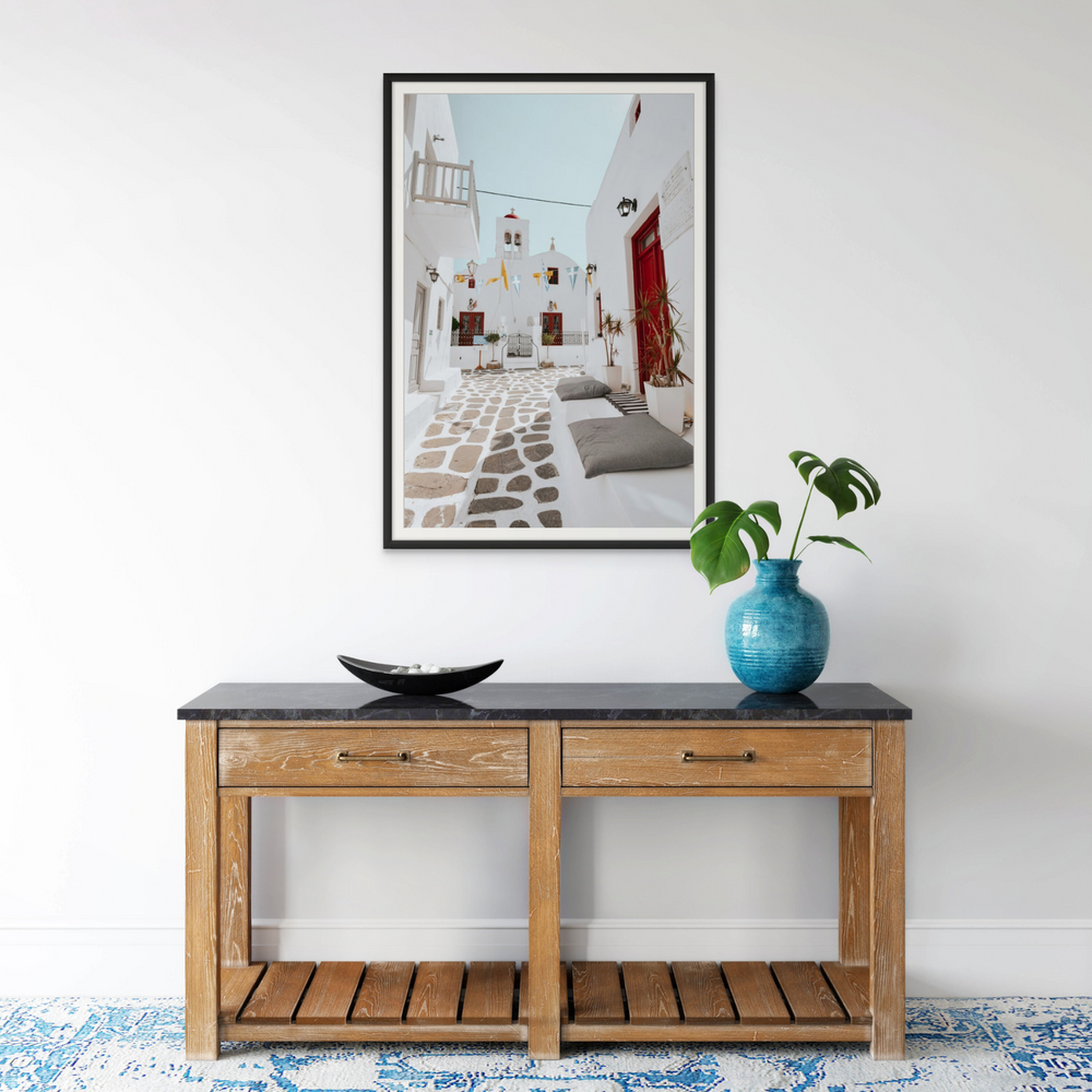 Cycladic Charm Mykonos Greek island wall art framed print styled in a room view 3