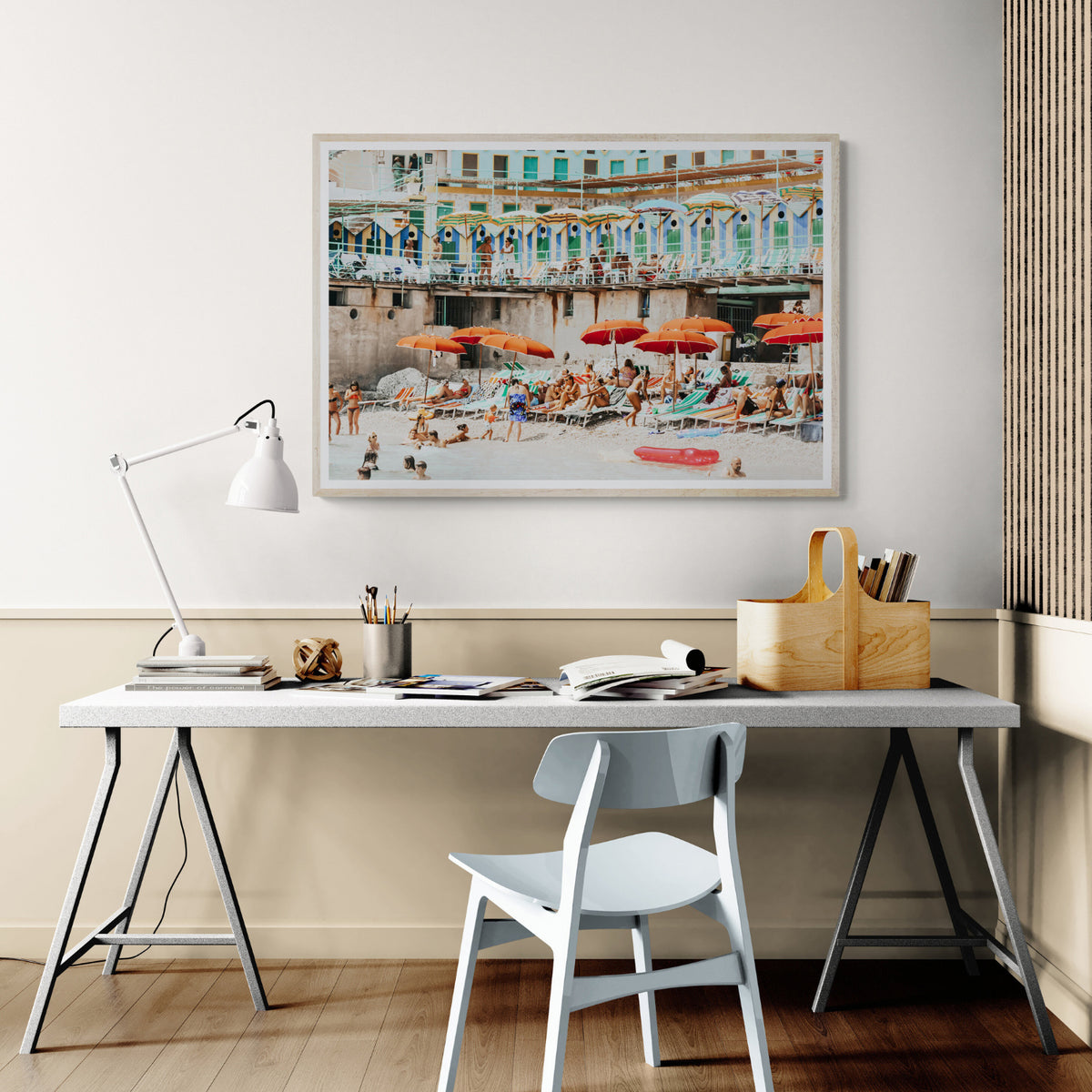 Umbrella Fiesta framed wall art print styled in a home office interior