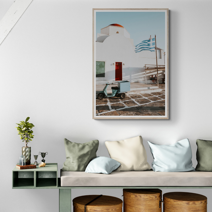 Mykonos Postcard Mykonos Greek island wall art framed print styled in a room