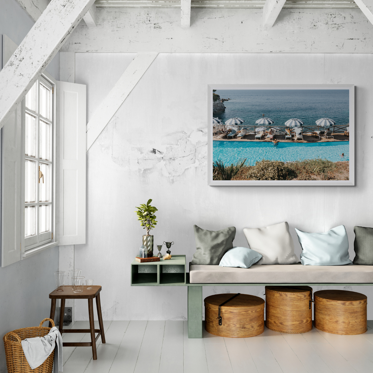Hues Of Blues Ischia Mediterranean wall art framed print styled in a room view 2