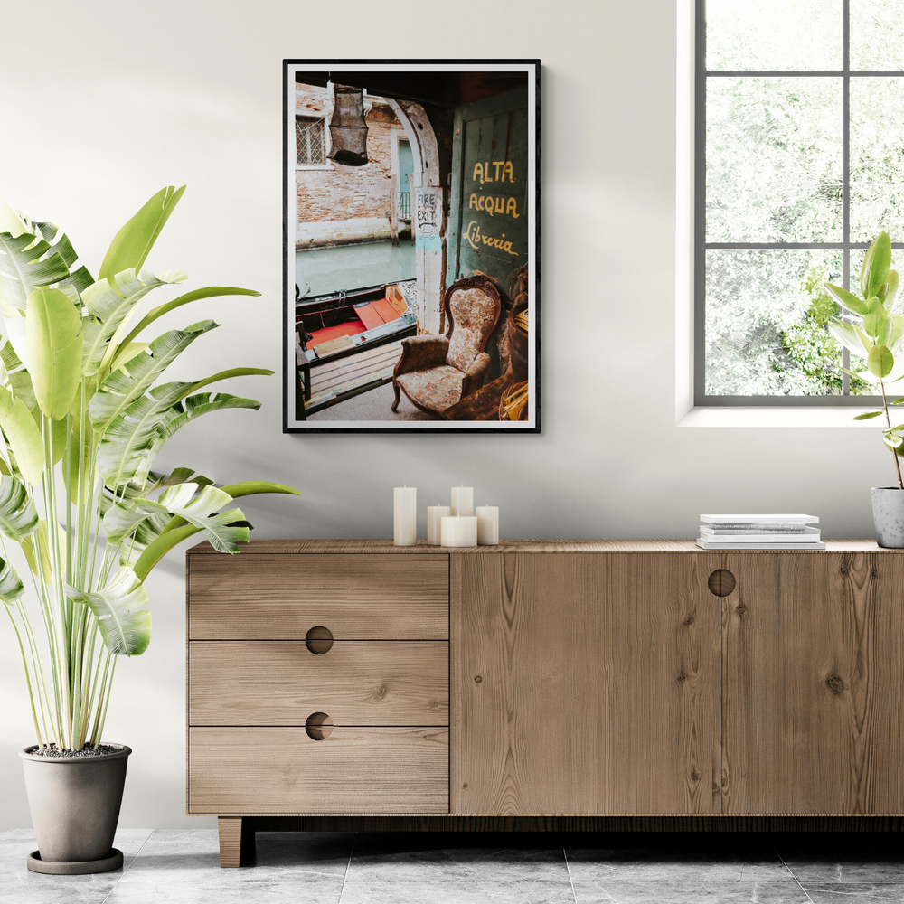 Alta Acqua Venice Bookstore wall art framed print styled in a room view 2