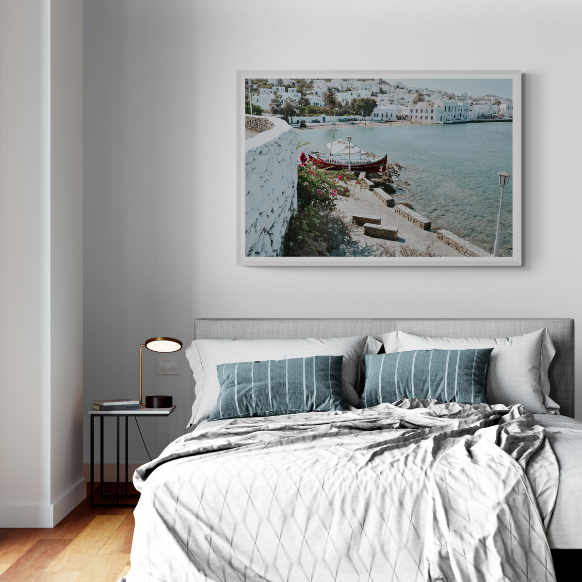 Harika Mykonos Greek island wall art framed print styled in a room view 2