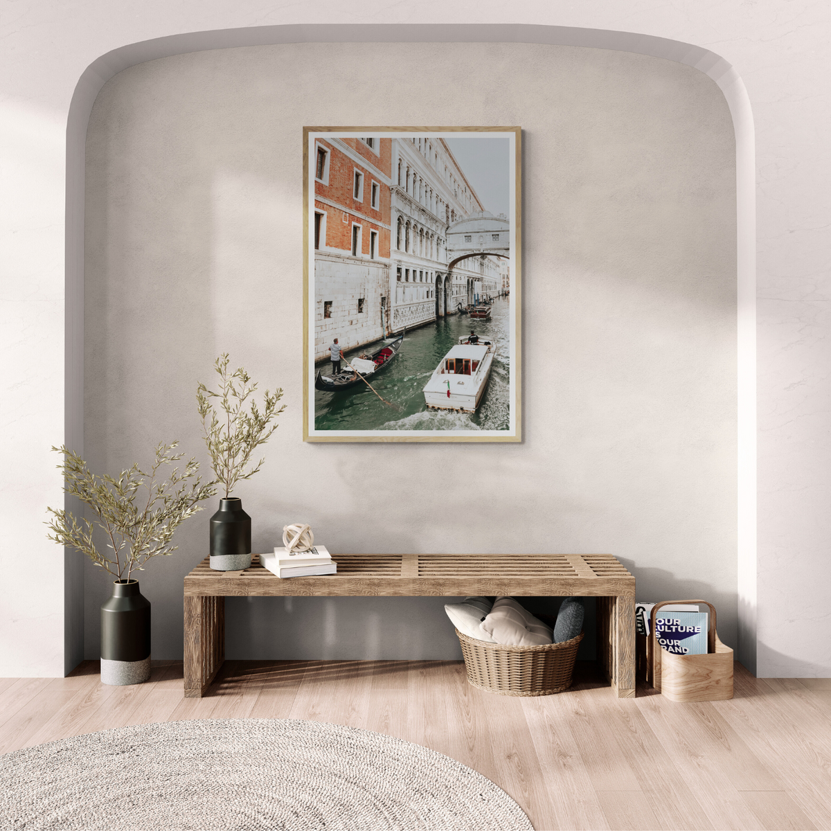 Under the Bridge Venice Gondola Italian wall art framed print styled in a room view 3