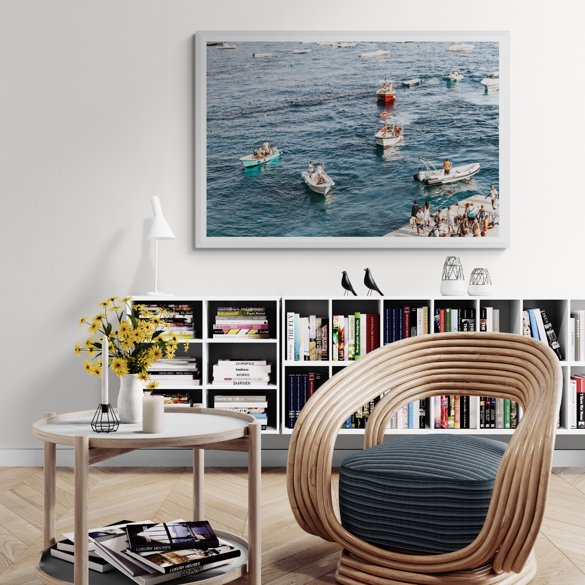 Nautical Parade Positano wall art framed print styled in a room view 3