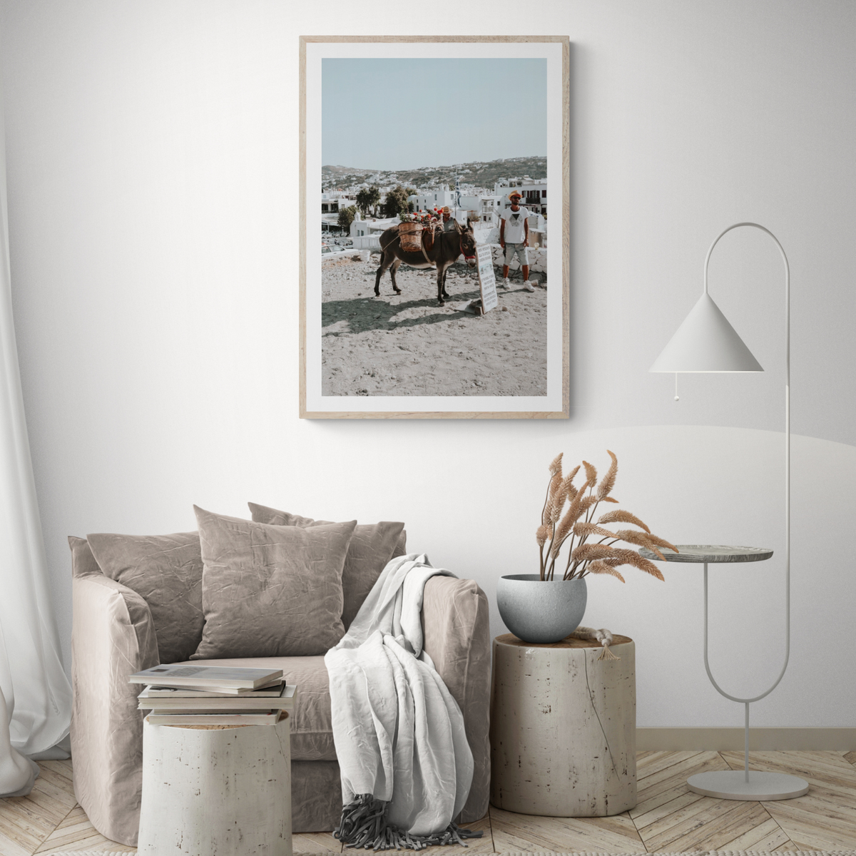 Let The Journey Begin Mykonos Greek island wall art framed print styled in a room