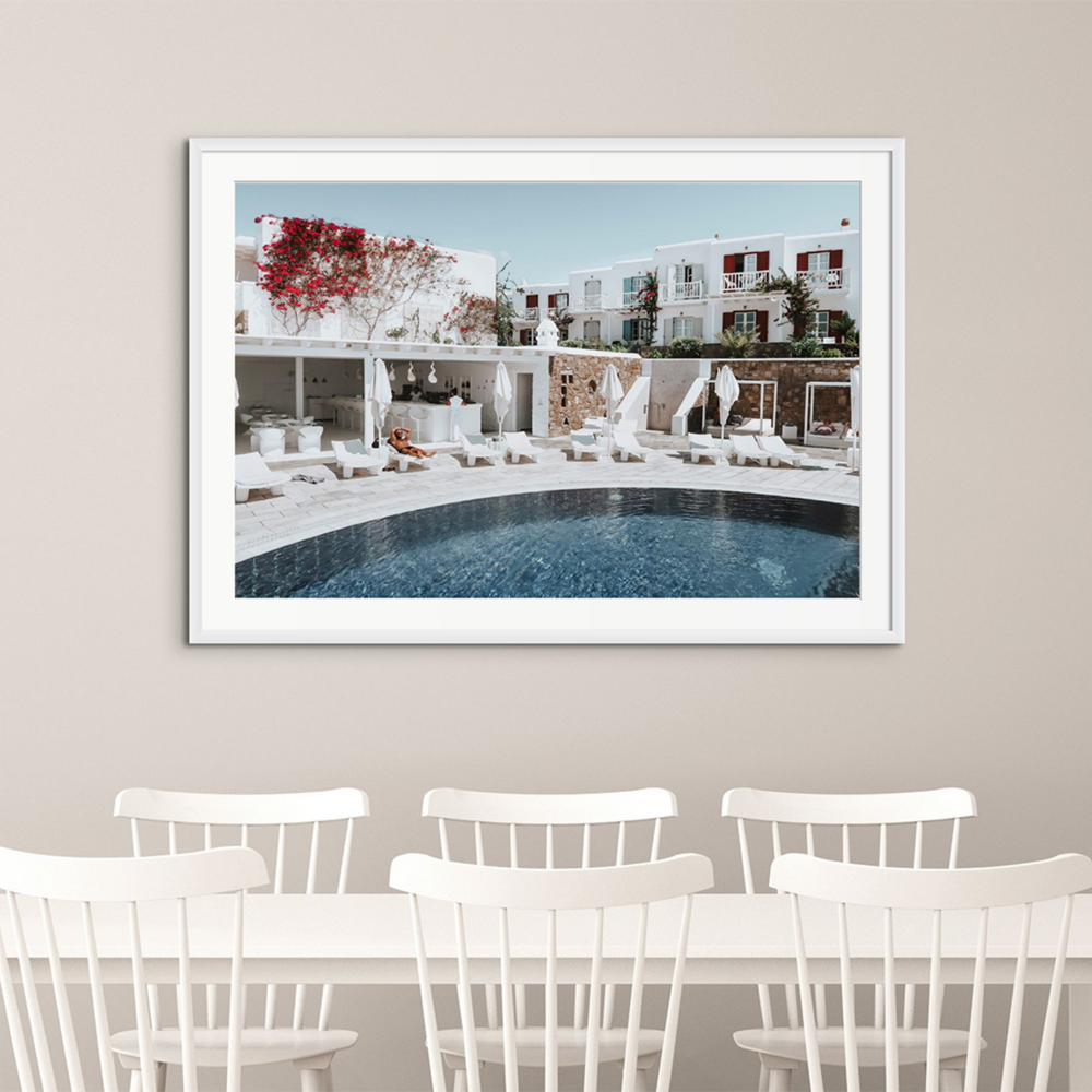 Got The First Lounge Mykonos Greek island wall art framed print styled in a room view 2