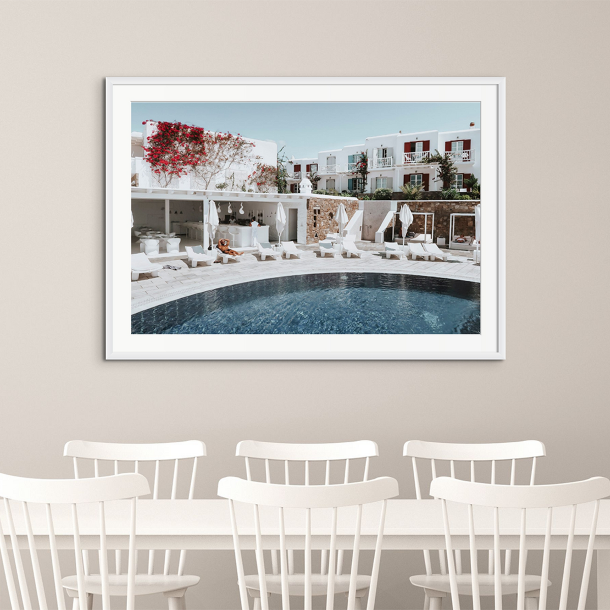 Got The First Lounge Mykonos Greek island wall art framed print styled in a room view 2