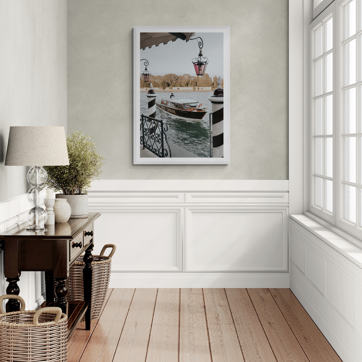 Taxi Shuttle Venice wall art framed print styled in a room view 3