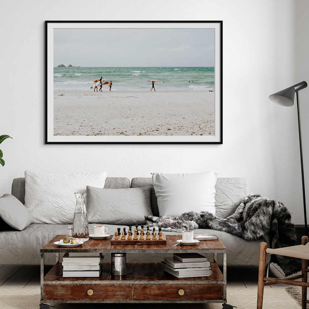 La Famiglia Byron Bay Family Surf coastal wall art framed print styled in a room view 2