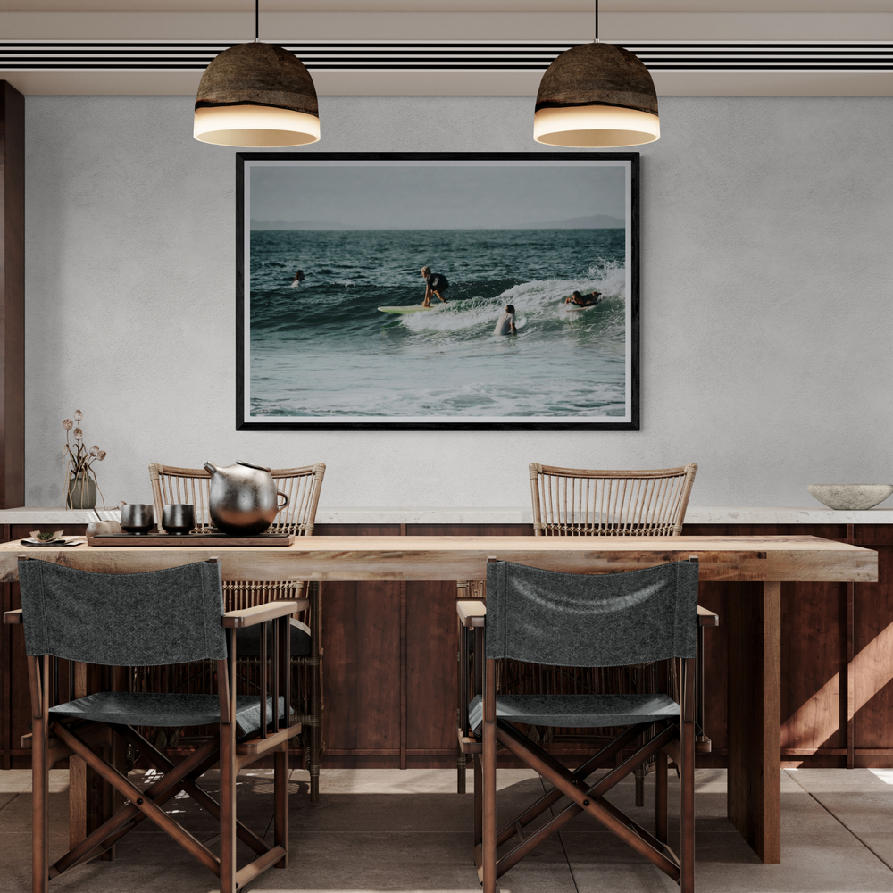 The Boys of Summer Byron Bay Surf coastal wall art framed print styled in a room view 2