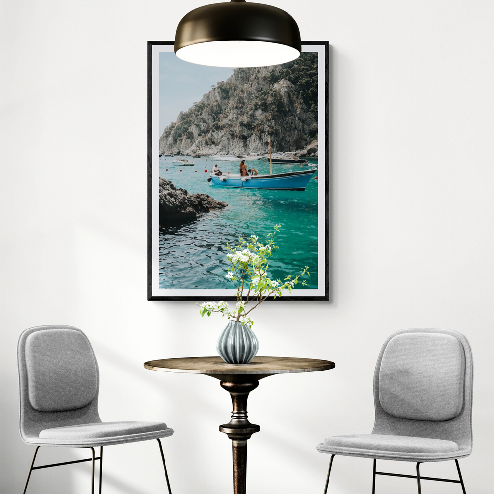 Emerald Escape Capri Italian coastal wall art framed print styled in a room view 2
