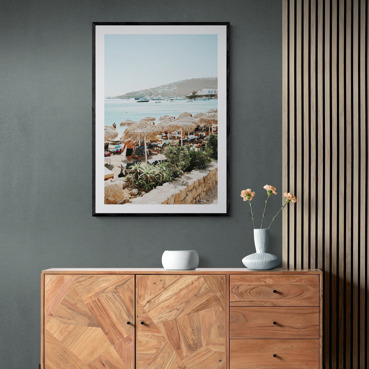 Beachside Huts Mykonos Greek island wall art framed print styled in a room