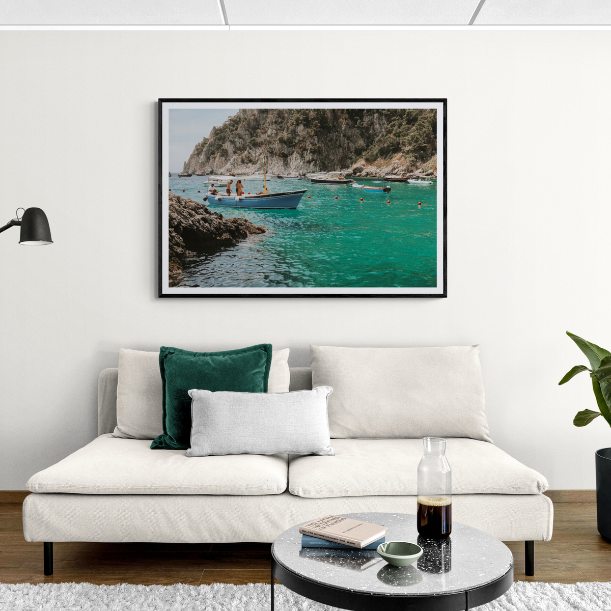 Cozy Cove Capri coastal Mediterranean wall art framed print styled in a room