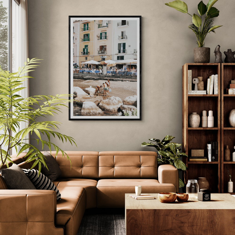 Sunny Playtime Sorrento coastal wall art framed print styled in a room view 2